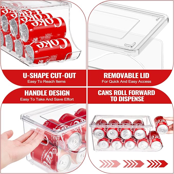 SCAVATA Stackable Refrigerator Organizer, Soda Can Dispenser Pop Cans Container Beverage Holder with Lid for Fridge, Freezer, Kitchen, Clear Plastic Storage Bins-Holds 10 Cans Each (One) - Image 3