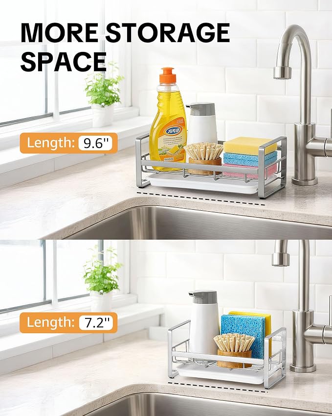 HULISEN Large Kitchen Sponge Holder, 304 Stainless Steel Sink Caddy, Grey | Removable Drain Tray, Holds Sponges Soap Bottles Brushes, Countertop Storage, No Dispenser or Brush - Image 2