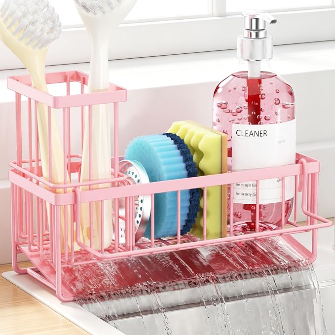 Sponge Holder for Kitchen Sink, Kitchen Sink Caddy, Kitchen Sink Sponge Holder, Dish Sponge Holder, Kitchen Sink Organizer for Sponge, Dish Brush, Scrubber(9.65" x 3.74" x 6.3", Pink) by OERPHO