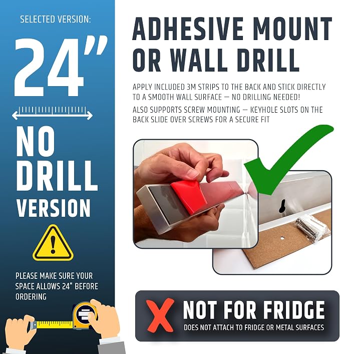 24" Strong Adhesive (No Drill) Magnetic Knife Holder for Wall - Professional Knife Strip - No Screws Needed - Adhesive Backing - Stainless Steel Knife Bar (Upgraded Version – Will Not Fall) - Image 3