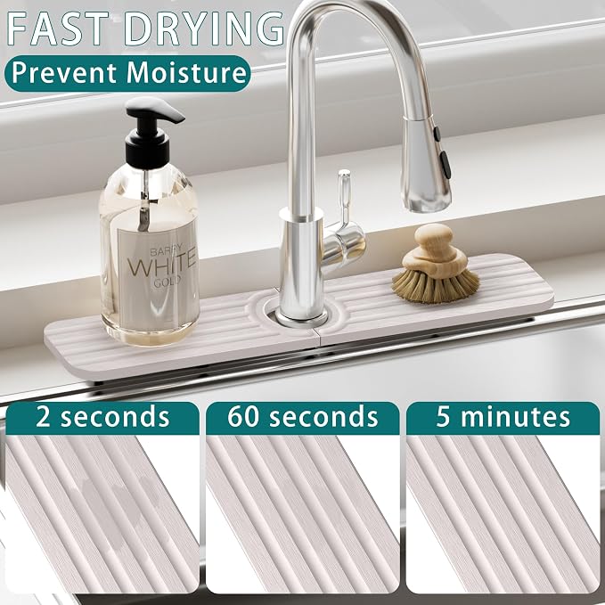 Water Absorbing Stone Kitchen Sink Mat Faucet Splash Guard for Bathroom | Quick Dry, Raised Feet, Diatomaceous Earth, Stone Faucet Mat, Sink Protector for Counter, Sink Accessories, Bathroom Decor - Image 5
