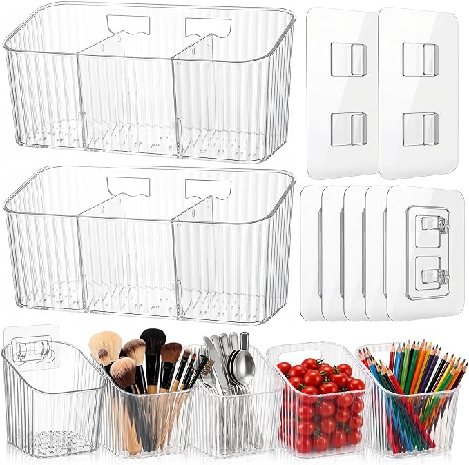 7 Pack Cabinet Door Organizer Adhesive Wall Mount Storage Bins Makeup Containers Stackable Organizer Basket for Kitchen Cabinets, Bathroom, Pantry, Office, Refrigerator (Frosted Clear) by Ferrochef