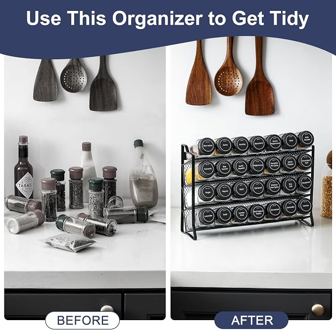 AOZITA Spice Rack Organizer for Cabinet, Spice Organizer with 28 Empty Spice Jars with Black Lids, Funnel, Spice Labels, Seasoning Organizer for Countertop, Cabinet, Kitchen, Pantry, Cupboard - Image 5