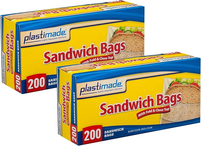 Fold Top Sandwich Bags, 400 Count Clear Plastic Lunch Baggies | Flip flap closure for school snacks, produce & portion control; no zipper design, easy open for kids, work & meal prep by PlastiMade