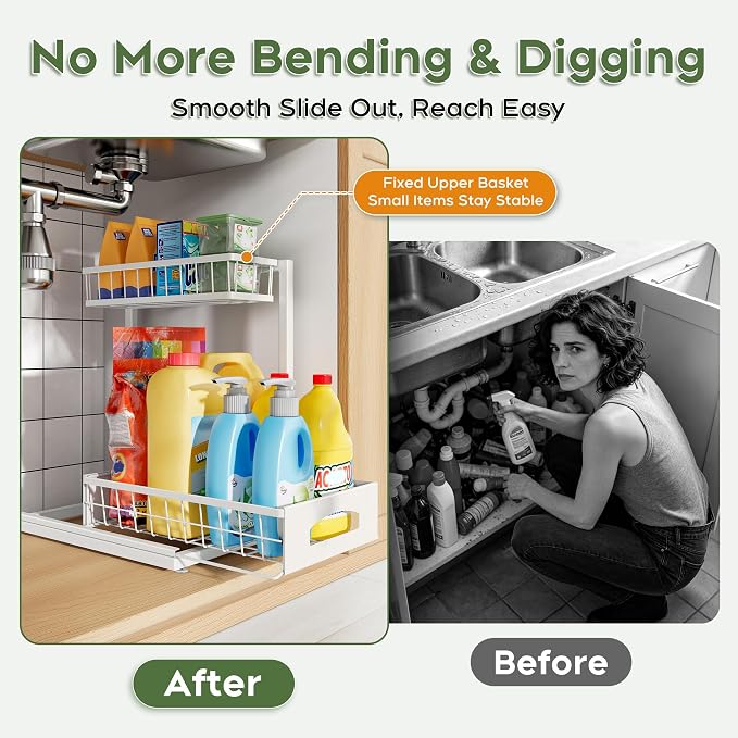 Under Sink Organizer, 2-Pack L-Shaped Metal Pull-Out Drawers for Kitchen | Cabinet Organizer Height Adjustable Heavy Duty Metal 2-Tier Storage Fits Beside Common Pipes for Bathroom Pantry - Image 3