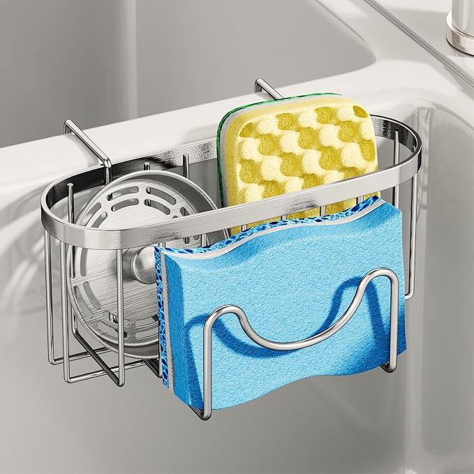 SWTYMIKI Sponge Holder for Kitchen Sink - Movable Kitchen Caddy with M Shape Hook, Stainless Steel Hanging Sponge Caddy for Sponges, Brush, Stopper Organizer in Double Bowl Sink, Silver by SwtyMiki-TidyHomeSweetLife