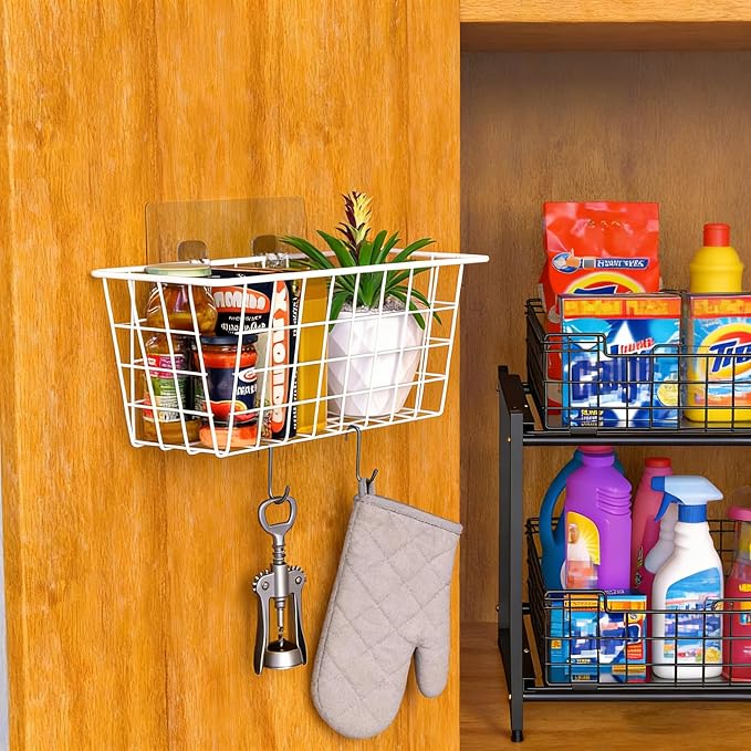 MaraFansie Wall Wire Baskets Bin No Drilling Adhesive Hanging Baskets Wall Mounted for Cabinet & Pantry Organization and Kitchen, Bathroom, Bedroom Storage, 2 Pack, White - Image 3