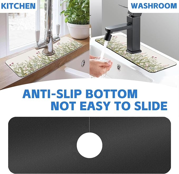 Faucet Mat for Kitchen Sink Watercolor Floral Herbs Sink Splash Guard Behind Faucet Soft Diatom Mud Material Non-slip Easy to Clean for Bathroom & Kitchen 15"X5.5" - Image 7