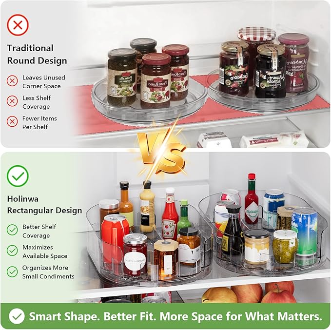 Lazy Susan Organizer for Refrigerator, 13" x 8.5" Clear Rectangular Fridge Organizer Turntable for Condiments, Spice Racks Organizer for Cabinet, Pantry & Kitchen Countertop(2 Piece) - Image 3
