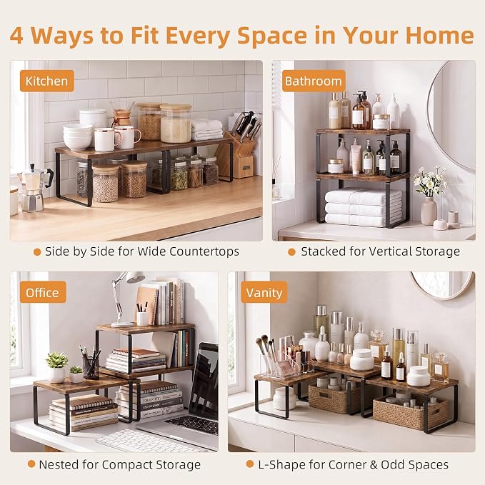 LAMU Cabinet Organizer Shelf, Set of 4 Expandable Kitchen Counter Shelve Plate Organizer for Cabiner, Stackable Spice Rack, CupBoard Organizers and Storage, Brown - Image 3