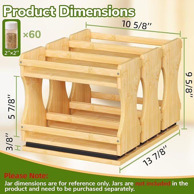 BAMEOS Pull Out Spice Rack Organizer for Cabinet, Bamboo Wide 13.9" Slide Out Seasoning Organizer for Kitchen, No Drill Anti-Tip Ball Bearing Silent Glides, Pantry Cabinet Organizer,Natural - Image 2