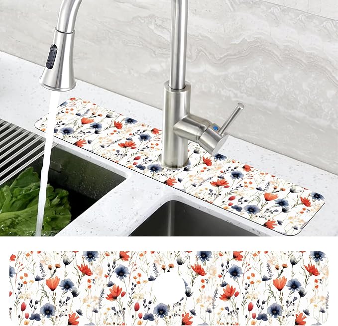 Watercolor Red and Blue Flowers Sink Faucet Absorbing Mat Sink Splash Guard Faucet Mat Draining Mat Fast Drying Sink Protectors for Kitchen and Bathroom 5.5"×24" - Image 4