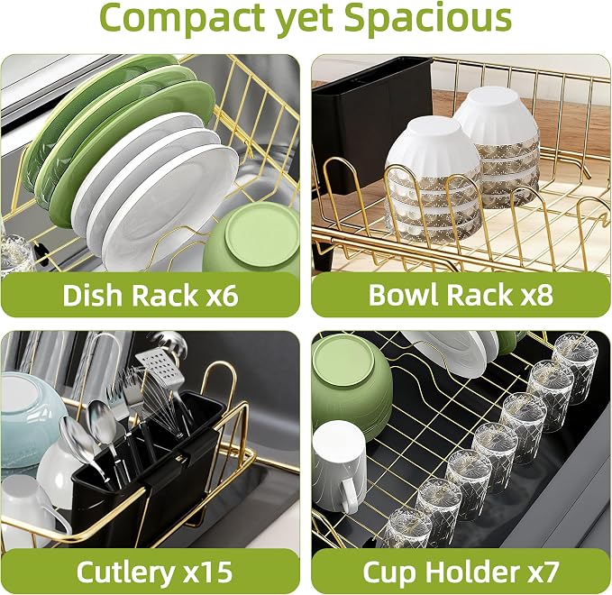 Golden Expandable Dish Drying Rack-Extra Large Stainless Steel Dish Drainer Over The Sink for Kitchen Countertop with Utensil Holder, Applicable for Sink Width 16'-22' (Gold,23.2'*12.2') - Image 5