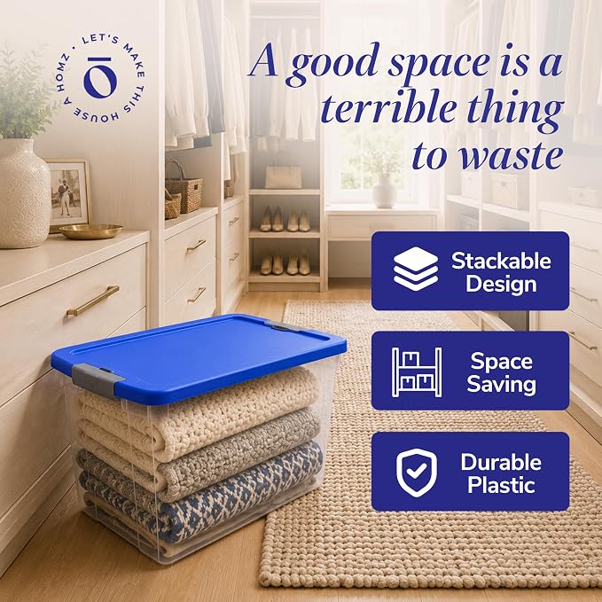 HOMZ Clear Plastic Storage Bin with Secure Latching Blue Lid, 64 Qt, 2 Pack | Heavy-Duty Stackable Containers, Large Organizer Box for Homes, Offices, and Garages - Image 5