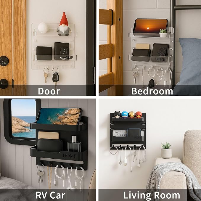 Adhesive Bedside Wall Shelf Organizer with 5 Hooks and Cable Clips, Plastic Wall Storage Holder for Phone, Remote Control, Earphone, Kindle, Keys – Bedroom, Dorm, RV (Black) - Image 5