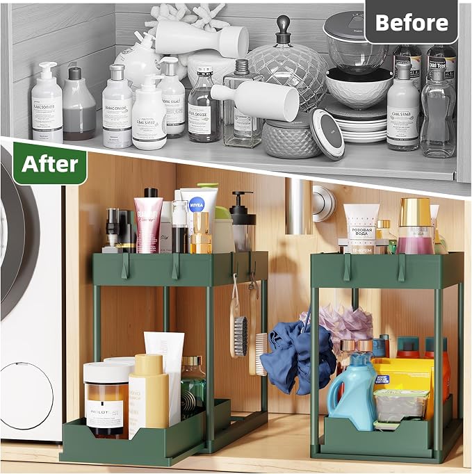 Simple Trending Under Sink Organizer 2 Pack, with Sliding Drawer, Green | 2-Tier Multi-Use Under Shelf Organizer with Hooks, Sink Pull-Out Sliding Storage Cabinet for Kitchen Bathroom, Easy Assembly - Image 3