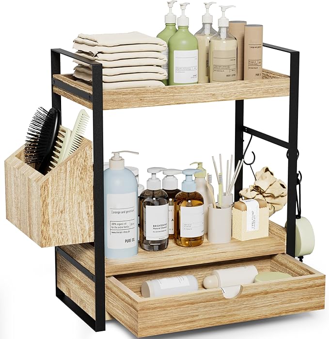 2-Tier Bathroom Counter Organizer, Wooden Vanity Shelf with Drawer & Basket | Pre-Drilled Holes, Skincare & Makeup Countertop Organizer and storage by Unknown