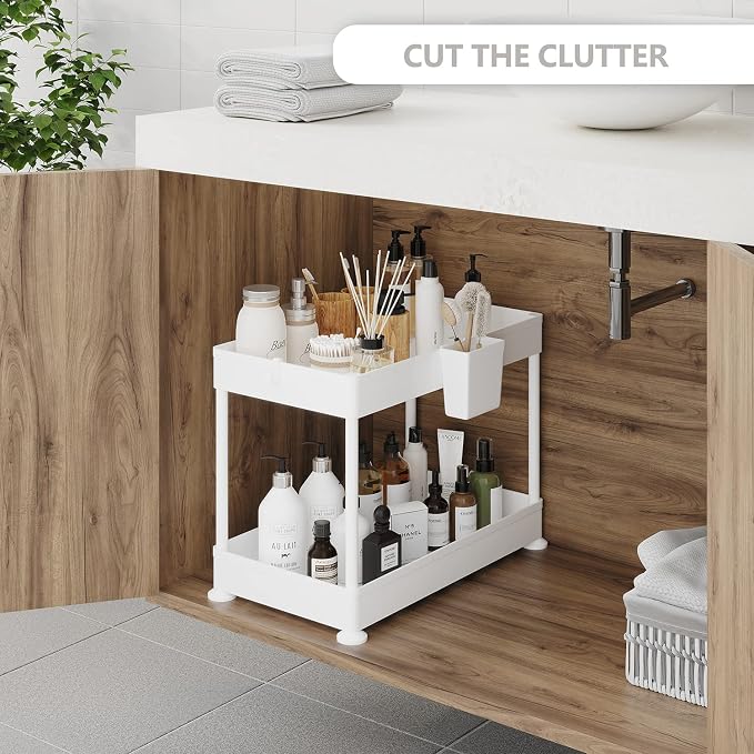 Under Sink Organizers and Storage | Bathroom Cabinet Organizer, Sink Shelf with Utility Hooks and Side Caddy for Under Cabinet Storage | Non Slip Grip Under Kitchen Sink Organizer, White (1-Pack) - Image 2
