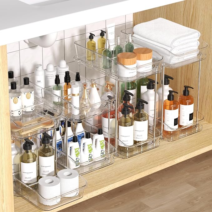 incostar 2 Tier Pull-Out Storage Organizer for Bathroom and Kitchen, Under Sink Organizer with Dividers, Ideal for Organizing Cupboard,Bathroom Vanities,Cabinet, Slide-Out Clear Storage, 4 Pack - Image 3