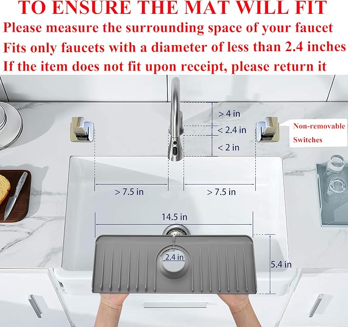 YATOISUR Sink Splash Guard 14.4” x 5.4” - Sink Faucet Mat with Faucet Water Catcher Mat & Soap Dish & Sponge Holder 3 in 1 - Silicone Faucet Handle Drip Catcher Tray for Kitchen RV & Bar Faucet, Grey - Image 2