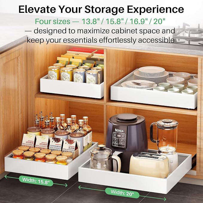4 Pack Pull out Cabinet Organizer, 21"Deep, Heavy Duty Full-extension Slide out Drawers for Kitchen Cabinet, Roll out Shelf Storage with Nano Adhesive for Pots, Bathroom, Pantry, Home, White - Image 6