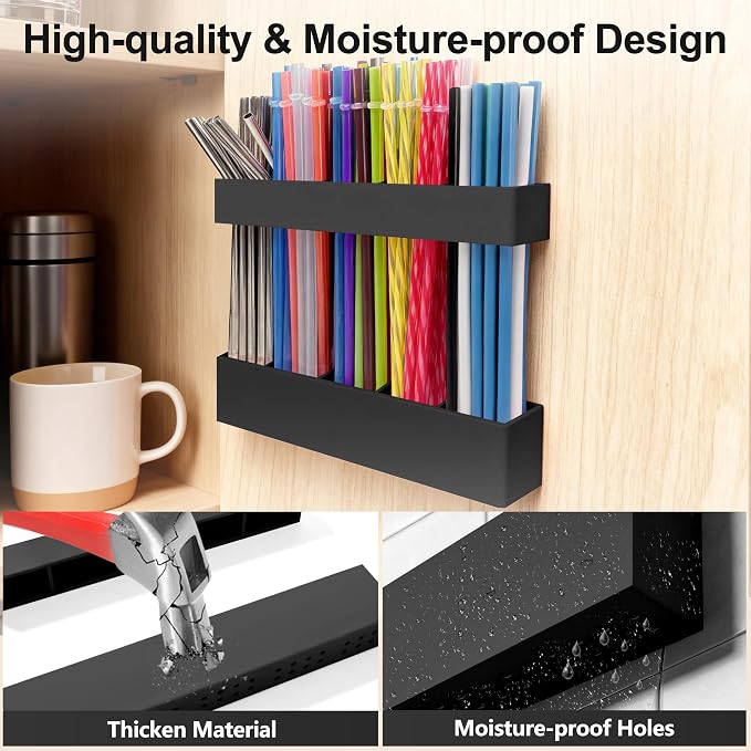 9.5” Large Acrylic Straw Holder for Cabinet Door, Adjustable Two-Part | Reusable Straws Organizer with Ultra Sticky Adhesive Strips, 2026 Straw Storage for Kitchen Cupboard (Black) - Image 4