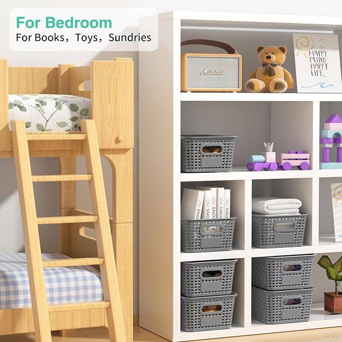 8 Pack Plastic Storage Baskets,Grey Stackable Bins with Lid | 5.3qt Storage Containers with Labels for Organizing Shelves Drawers Desktop Closet Playroom Classroom Office - Image 5