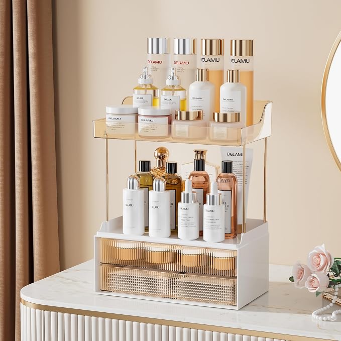 Delamu 4-Tier Makeup Organizer, Bathroom Counter Storage, 2 Drawers, Amber | Elegant Vanity Organizer Gift for Women, Holds Perfume, Skincare, Nail Polish & Hair Accessories for Bathroom Countertop - Image 3