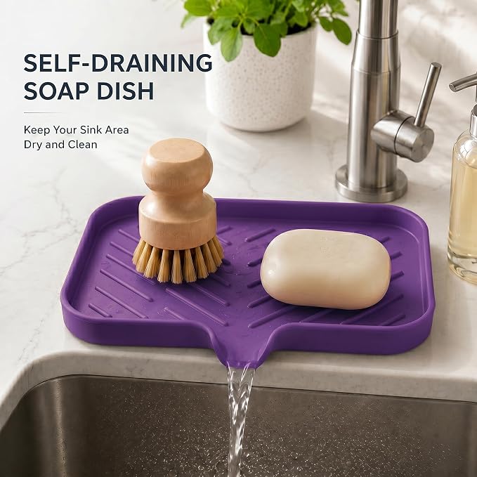 MicoYang Silicone Soap Dish with Drain Spout — Self-Draining Sink Organizer Tray for Bathroom & Kitchen, Sponges, Dispensers & Soap Holder, Non-Slip & Dishwasher Safe, Purple (Medium, 9.6"×5.3") - Image 7