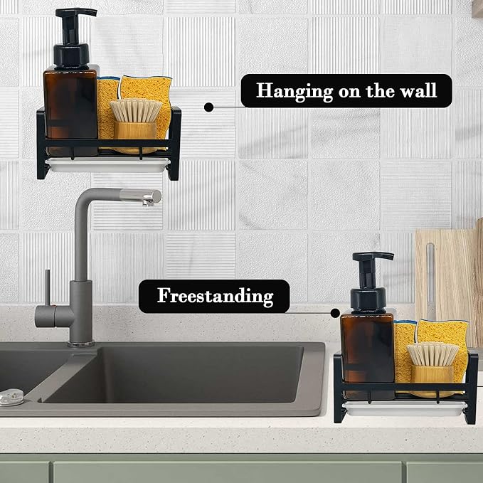 VANTEN Kitchen Sink Caddy Sponge Holder Organizer, Sink Tray Drainer Rack, Soap Dish Dispenser Brush Holder Storage Accessories - Countertop or Adhesive Wall Mount, Matte Black Stainless Steel - Image 7