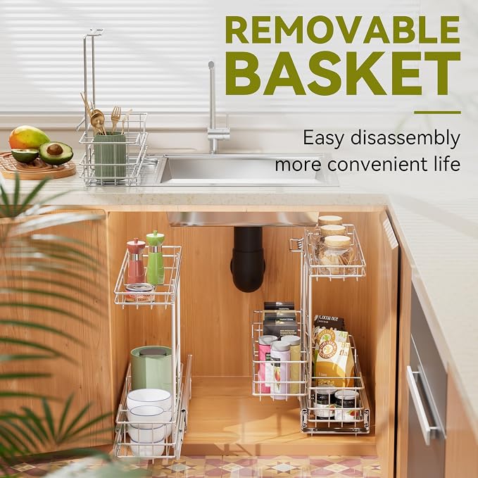 2 Tier Under Sink Organizer 11" W X18 D, Pull Out Cabinet Organizer One Removable Basket, Under Sink Slide Out Chrome Plated, Under Kitchen Bathroom Sink Organizer, 2 Pack - Image 7