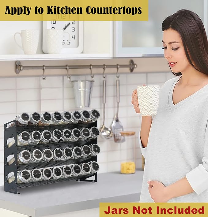4 Tier Spice Rack Organizer with 32 Square Spice Jars and 160 Spice Labels Set for Kitchen Cabinet Countertop Pantry or Wall Mount, Matte Black - Image 8