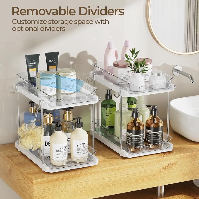 Delamu 2 Tier Under Sink Organizer Bathroom, Bathroom Cabinet Organizer with Snap-Lock Design and Hooks, Pull Out Storage with Movable Dividers, for Countertop, Kitchen and Pantry (White, 2 Pack) - Image 4