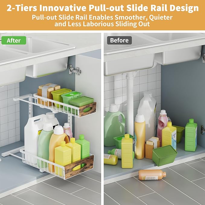 2 Pack Reinforced Metal Under Sink Organizer with Sliding Drawer, L-Shaped Adjustable Height Pull Out Cabinet Organizer with Wooden Handle, Under Bathroom Sink Storage for Kitchen, Pantry, White - Image 8