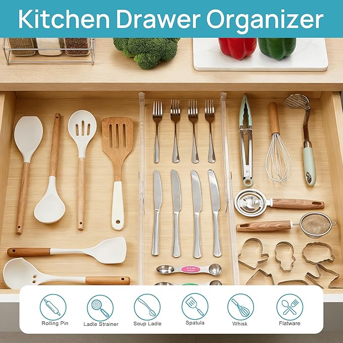 Vtopmart 4 Pack Shallow Drawer Dividers, 2.36" High 12.5"-20.8" Adjustable Expandable Kitchen Drawer Organizer, Clear Plastic Organizer Separators for Flatware, Utensil, Cutlery, Underwear, Clothes | Expandable Kitchen Drawer Organizer, Clear Plastic O... - Image 7