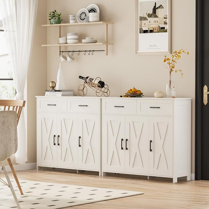 Homhedy Coffee Bar Storage Cabinet with Drawers, Kitchen Buffet Cabinet | Sideboard Cabinet with Doors, Farmhouse Buffet Cabinet, Adjustable Shelves, for Kitchen / Dining / Living Room, White - Image 7