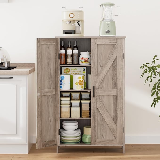 Homleke 43.3" H Farmhouse Bathroom Storage Cabinet with Adjustable Shelves | Freestanding Storage Cabinet with Barn Doors for Bathroom, Kitchen, Living Room, Dining Room & Entryway, Greige - Image 7