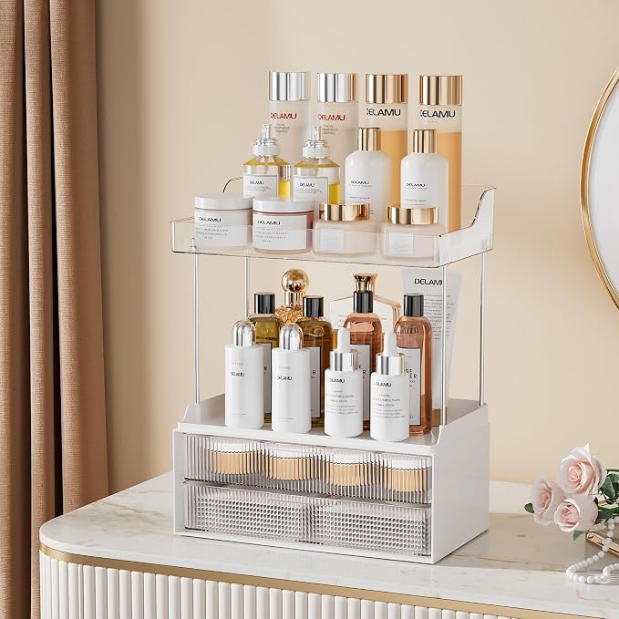 Delamu 4-Tier Makeup Organizer, Bathroom Counter, 2 Drawers,Clear 2Pack | Elegant Vanity Organizer Gift for Women, Holds Perfume, Skincare, Nail Polish & Hair Accessories for Bathroom Countertop - Image 3