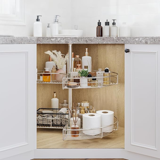 DWVO 28″ Kidney 2-Tier Lazy Susan – Telescoping Mount Corner Cabinet Organizer with Pie-Shelf Design, for Bathroom,Kitchen Cabinet Blind Corners (Chrome, 270° Adjustable) - Image 2