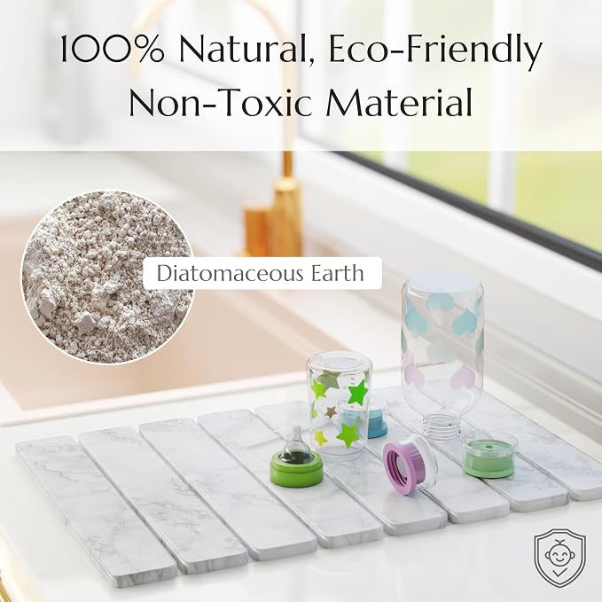 Stone Drying Mat for Kitchen Counter - Collapsible Diatomaceous Earth Dish Drying Stone - Fast Absorbent Stone Dish Drying Mat for Dishes and Pots (White Marble) - Image 4