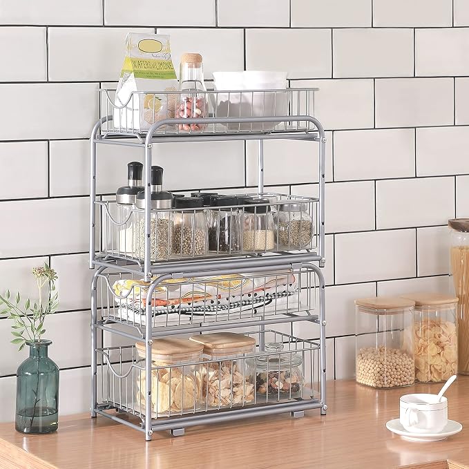 SONGMICS 2-Tier Pull Out Cabinet Organizers, Under Sink Organizer, Bathroom Organizer and Storage, Sliding Basket Drawers, Stackable for Kitchen, Bathroom, Metallic Silver UKCS017E01 | Gondola Shelving for Kitchen and Bathroom, Silver, PATALLA Collecti... - Image 6