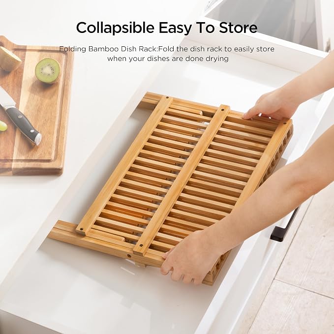 Bamboo 3 Tier Dish Drying Rack with Utensil Holder | Collapsible Dish Rack for Kitchen Counter, Large Folding Drying Holder, Dish Drainer, Kitchen Organizers and Storage - Image 4