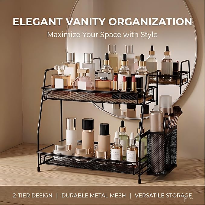2-Tier Bathroom Countertop Organizer,Skincare, Makeup Countertop Organizers, Kitchen, Bathroom Counter Storage with Small Basket (Black) - Image 4