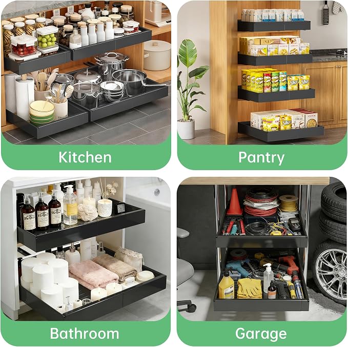 Pull out Cabinet Organizer, 2 pack, 16.5" Deep Heavy Slide out Drawers, Upgrade Three Triple-Slide Rail Systems, Expandable 12.8"-20.8" Roll out Shelf Storage for Kitchen Base Cabinet Organization - Image 9
