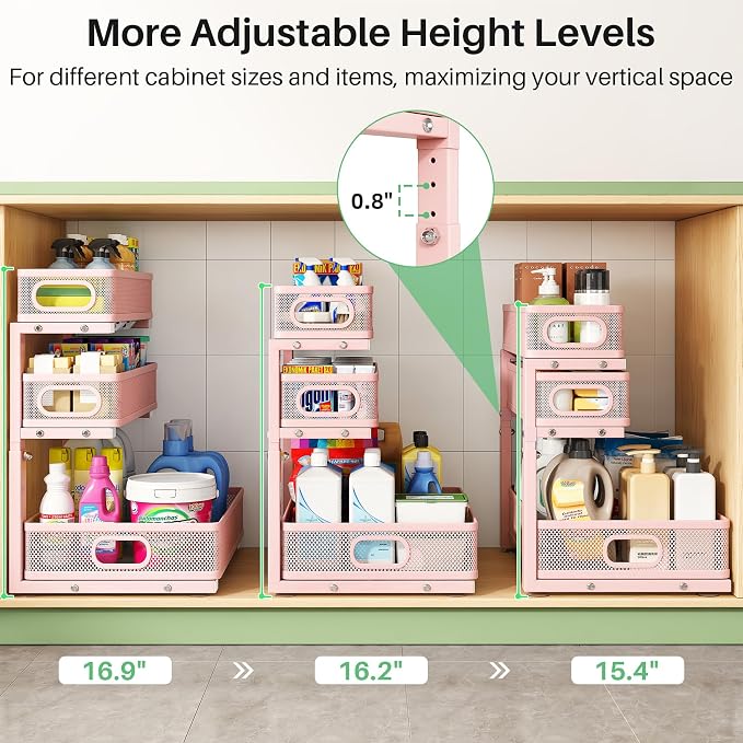 Kitstorack Under Sink Organizer, 2-Pack 3-Tier Height Adjustable Thickened Metal Pull out Cabinet Organizer Shelf, Slide out Storage Drawer Rack for Bathroom Kitchen Pantry Home Organization, Pink - Image 8