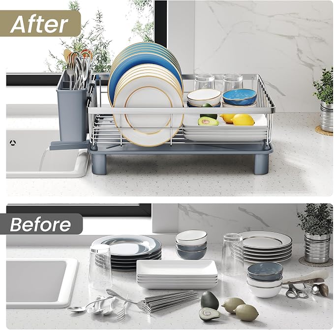 SNTD Dish Drying Rack for Small Kitchen Counter, 11" W x 15" L, Silver | Space Saving, Rotating Spout & Angled Drainboard for Quick Drainage, Stainless Steel, Removable Utensil Holder - Image 8