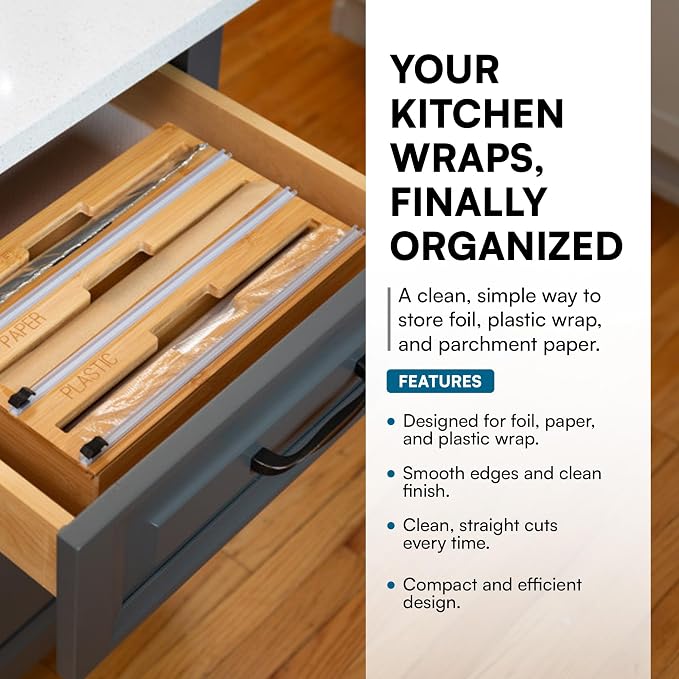 Honey-Can-Do Bamboo Wrap Organizer with Safety Cutter — 3-in-1 Drawer Holder for Aluminum Foil, Wax & Parchment Paper, and Plastic Wrap (Fits 12" Rolls) - Image 2