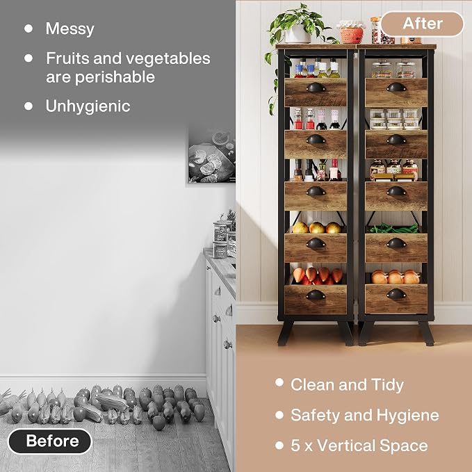 Tribesigns 5-Tier Kitchen Stand Fruit and Vegetable Storage Rack Set of 2 | 5-Tier Narrow Wood Corner Snack Stand Fruit Basket, Pull-Out Utility Organizer for Kitchen, Living Room, Rustic Brown - Image 8