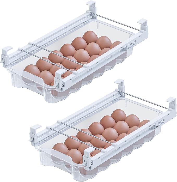 TidyFriend 2 Pack Refrigerator Egg Drawer 14"x7.5"x3.95" – Snap-On Egg Holder with Pull-Out Drawer, Holds 18 Eggs, Fits Flat Fridge Shelves 14.1–16.3 in Long and 0.93–1.32 in Thick by Skywin