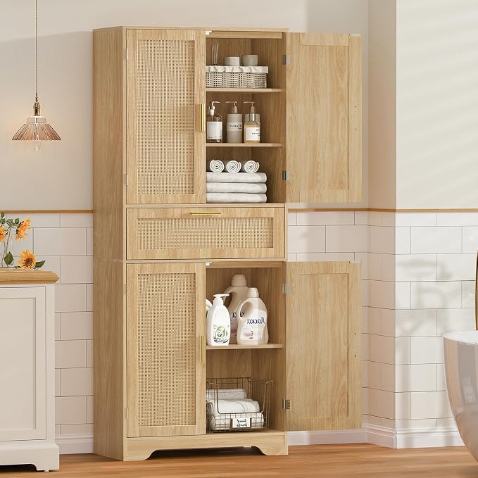 Iwell Tall Storage Cabinet with 2 Adjustable Shelves & Large Drawer, Rattan Cabinet with 4 Doors, Pantry Cabinets for Dining Room, Living Room, Home Office, Natural - Image 5